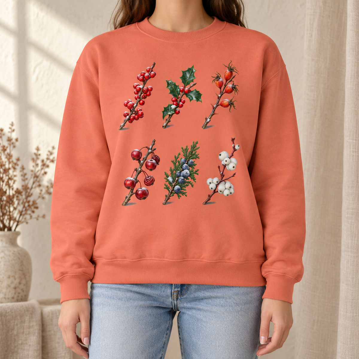 Winter Berries Study Sweatshirt in Terracotta - six watercolor berry sprigs with frost laid out like a botanical plate, printed on a garment-dyed Comfort Colors 1566 crewneck