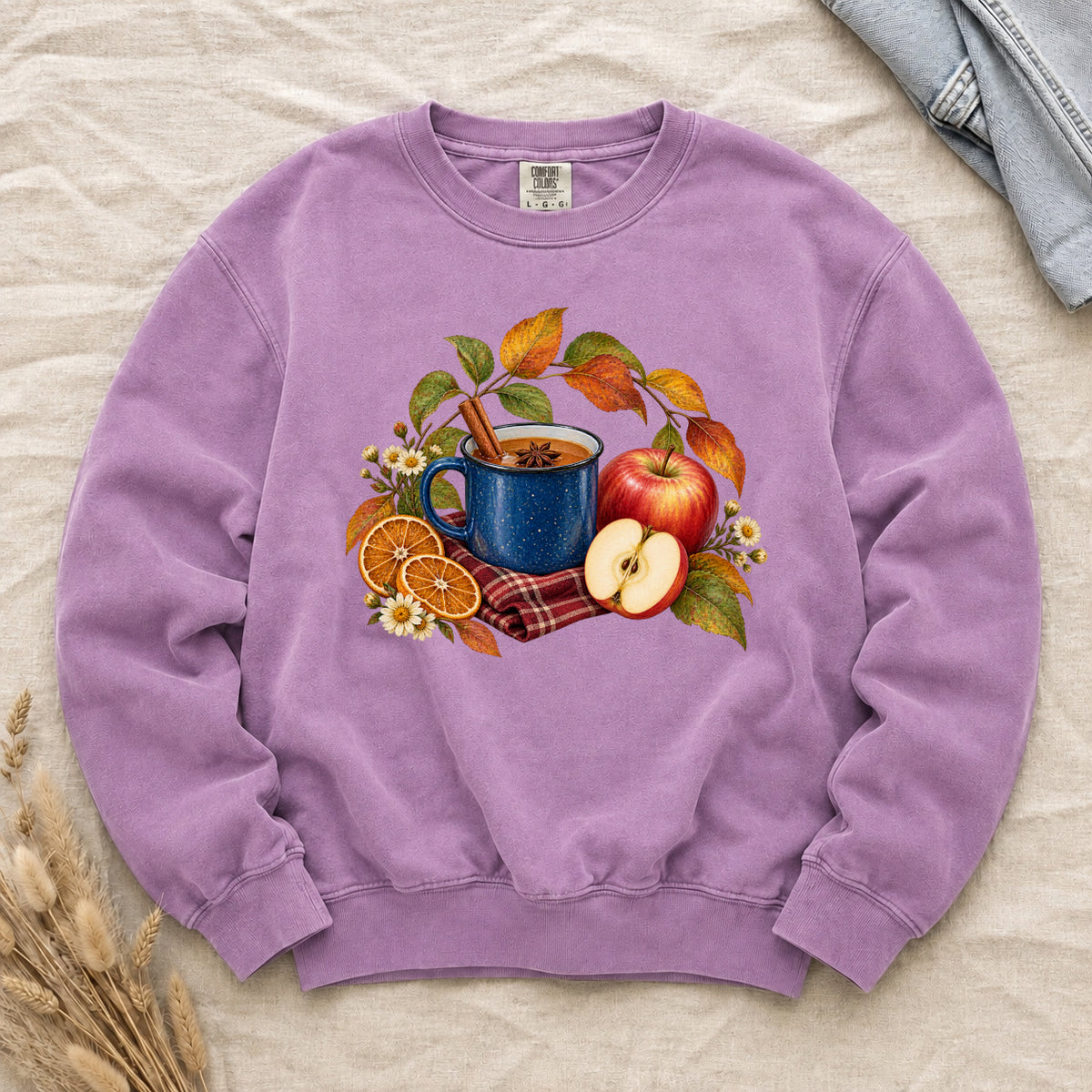 The Cider Can Wait sweatshirt in Orchid, a cozy fall apple cider design on soft lilac