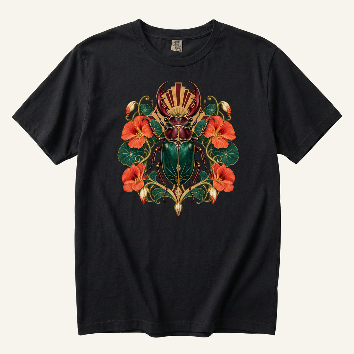 The Emerald Guardian T-Shirt in Black — the green beetle and orange blooms at full contrast