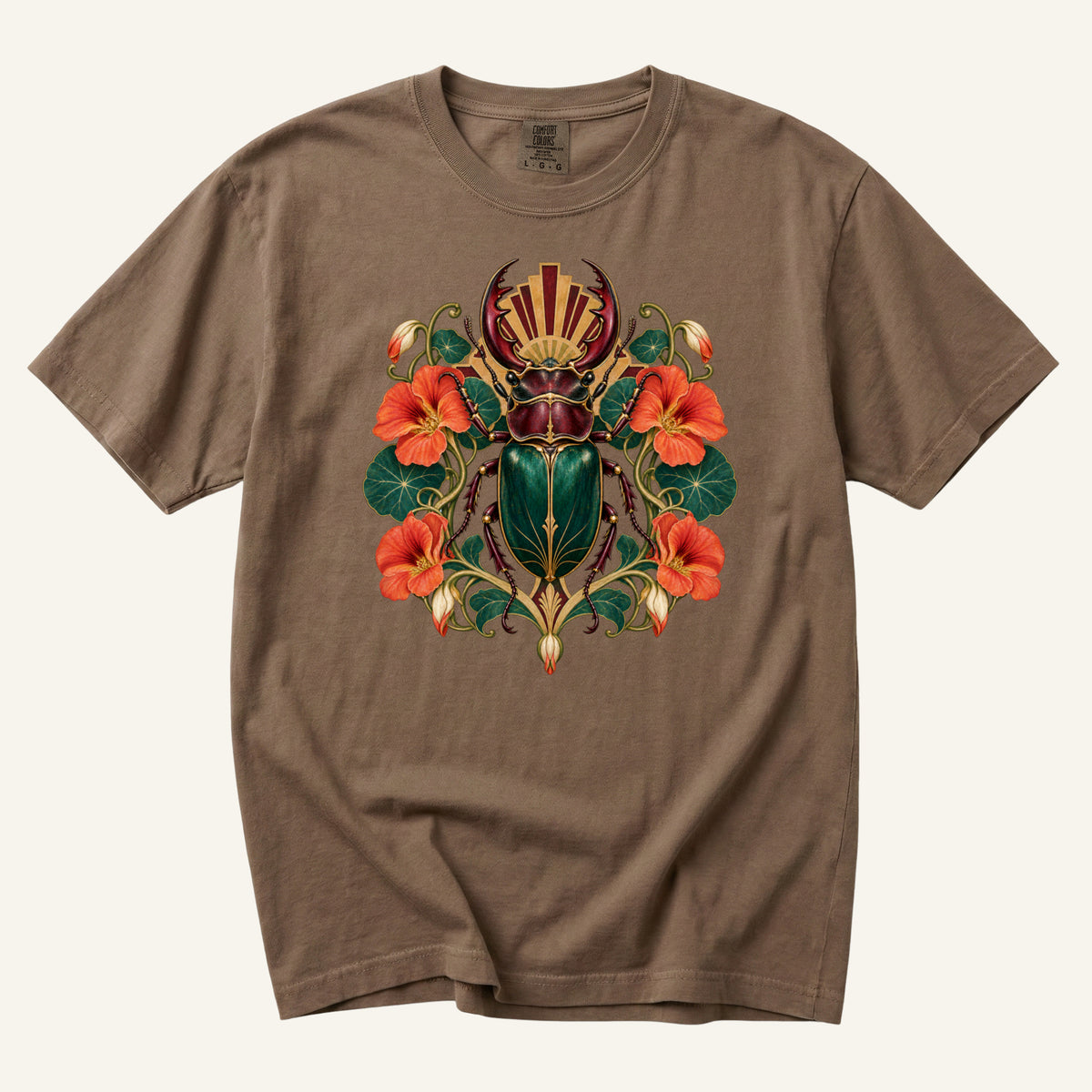 The Emerald Guardian T-Shirt in Espresso — a rich vintage palette for the stag beetle print