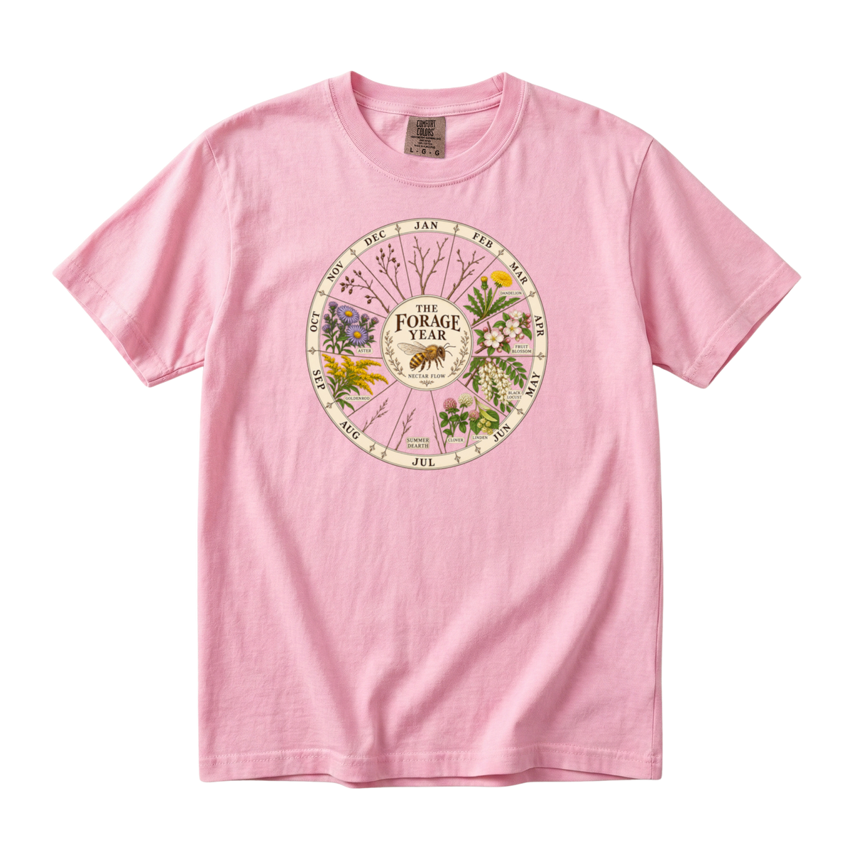 The Forage Year beekeeping tee in Blossom, a botanical bee calendar on soft pink