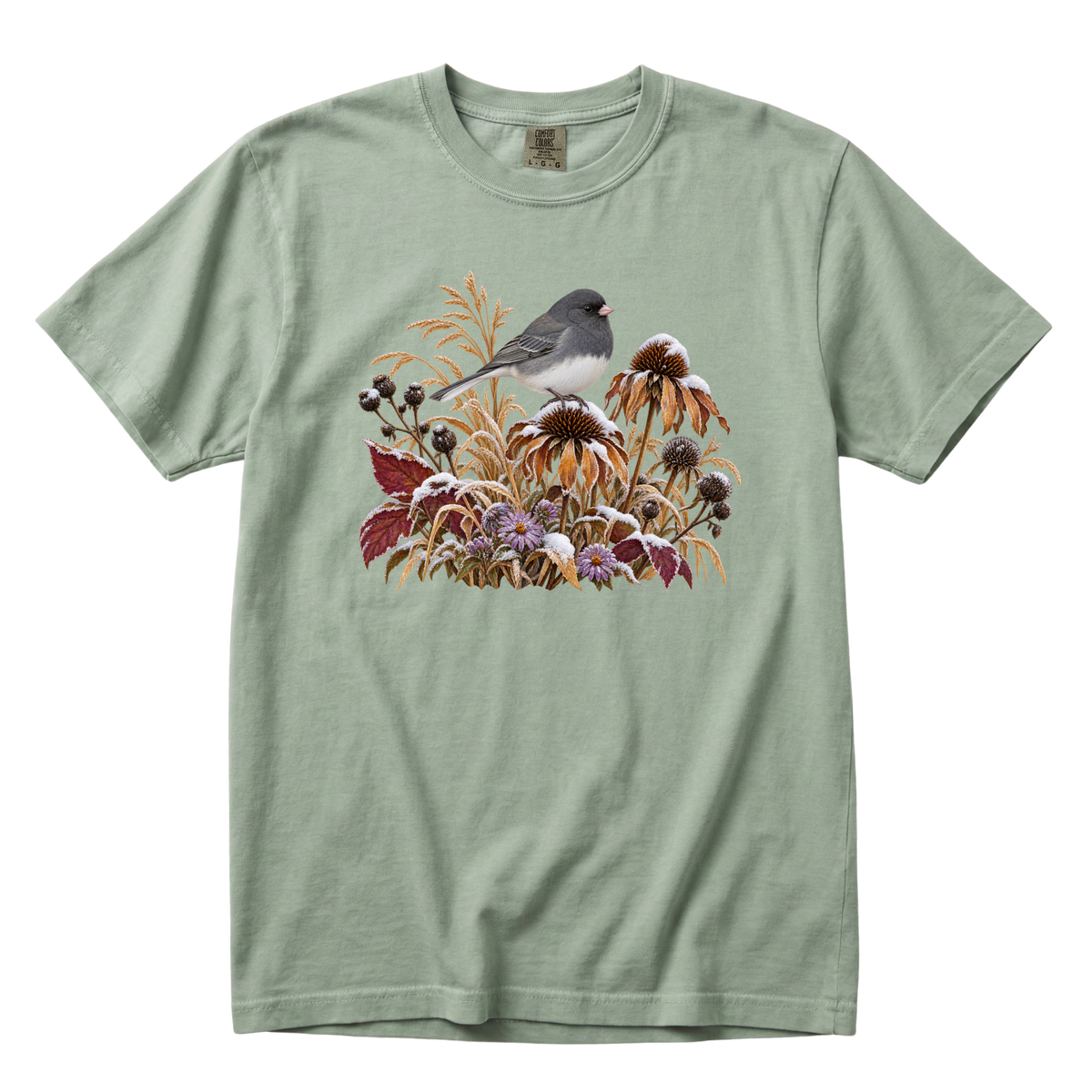 The Garden Is Still Open tee in Bay, an autumn garden bird with grasses on sage green