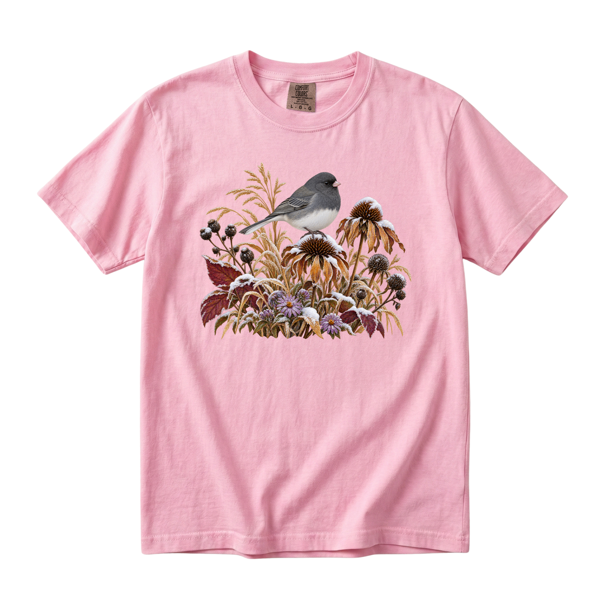 The Garden Is Still Open tee in Blossom, an autumn bird with purple flowers on soft pink