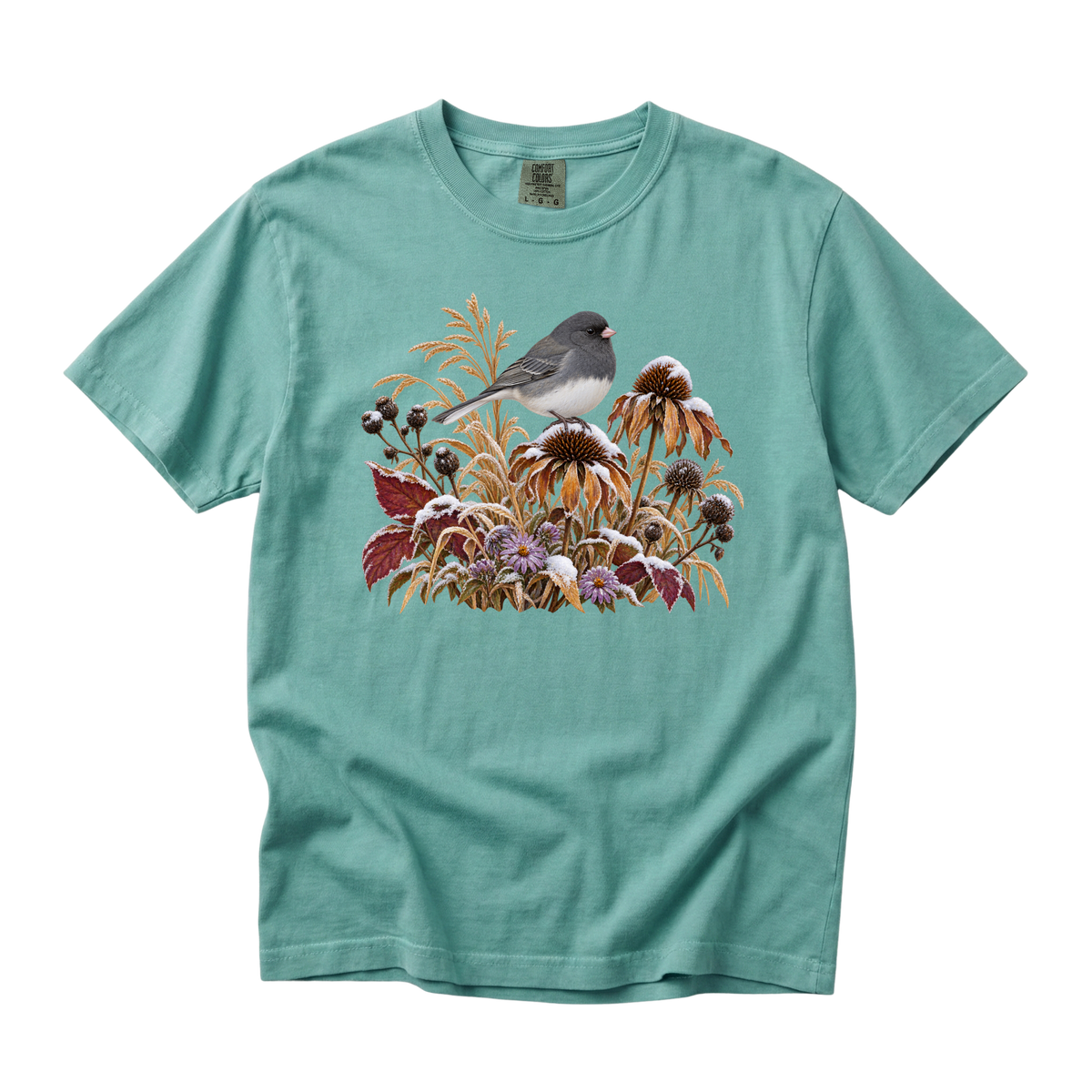 The Garden Is Still Open tee in Chalky Mint, an autumn bird and botanical print on pale mint