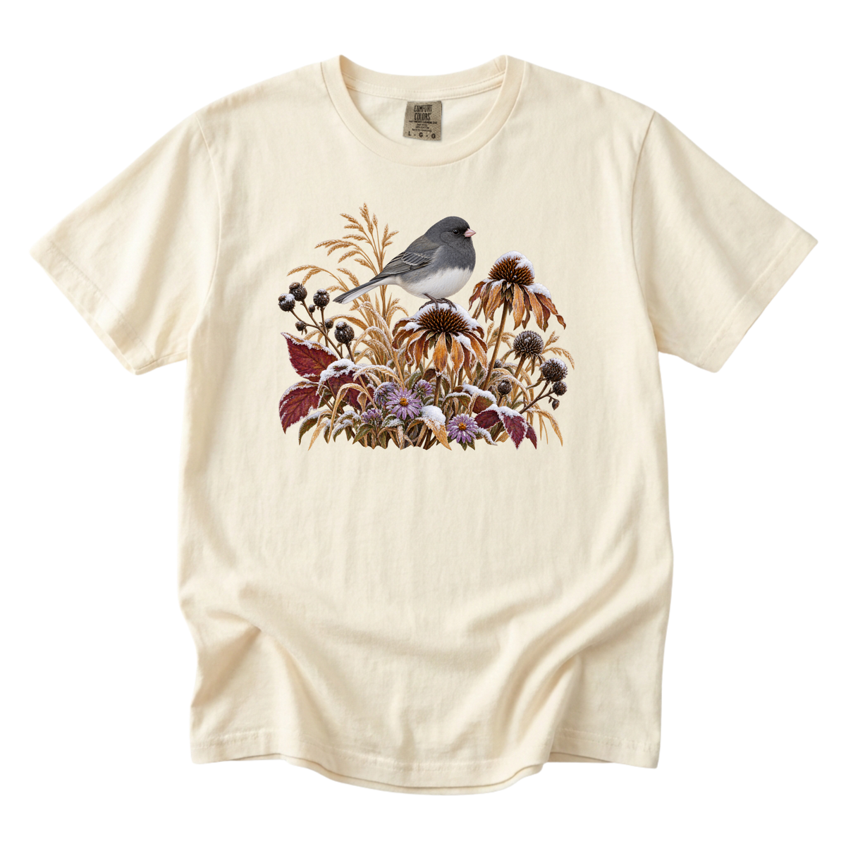 The Garden Is Still Open tee in Ivory, a vintage botanical autumn bird and berry print