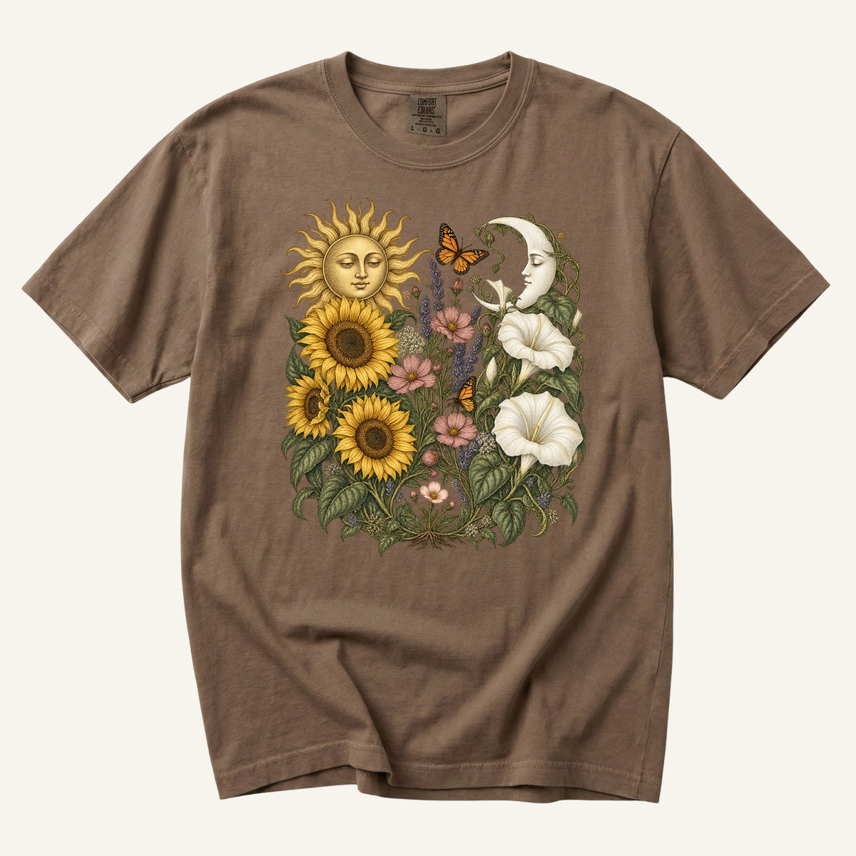 The Garden That Made Room T-Shirt in Espresso — sunflower and moonflower tee on garment-dyed cotton, sizes S to 4XL
