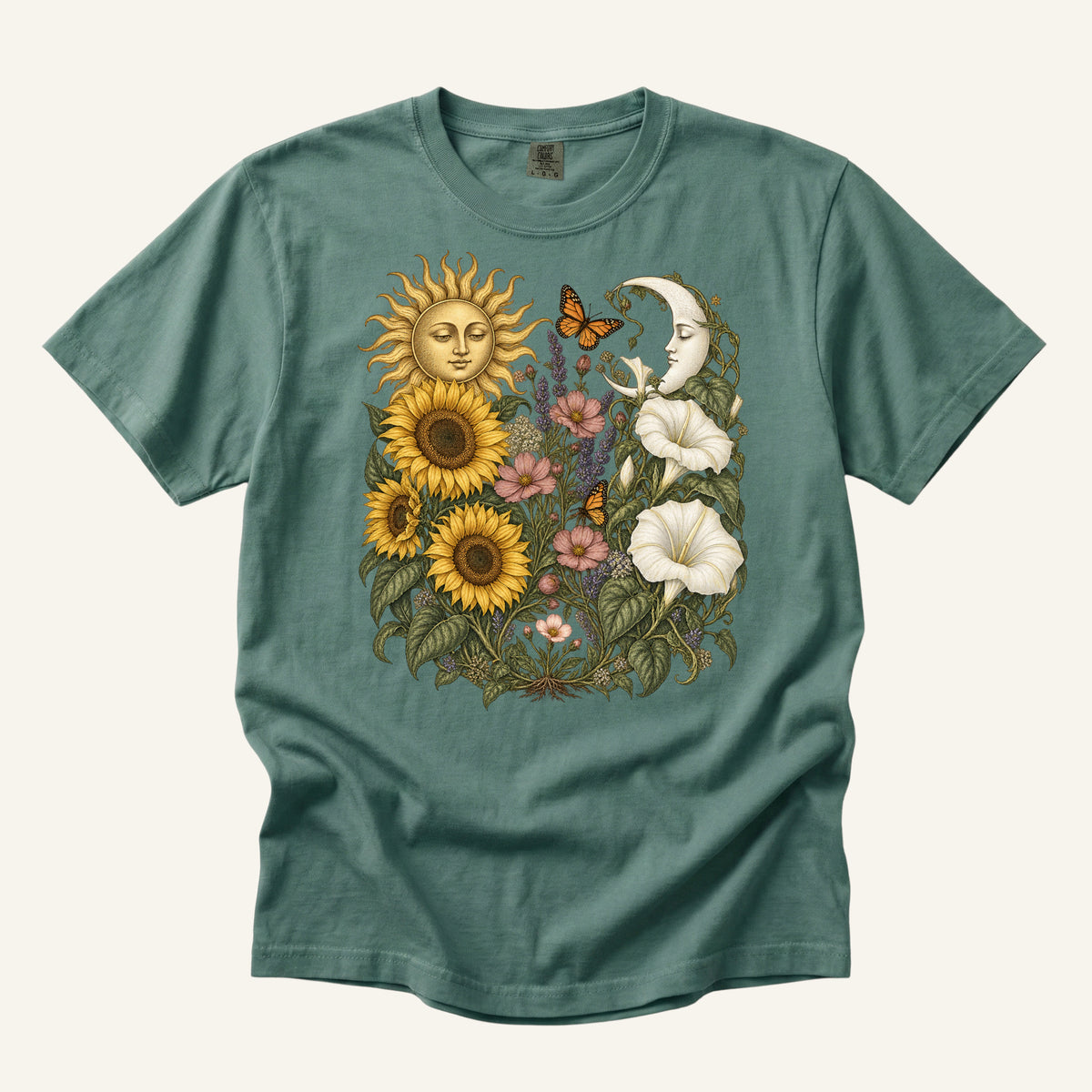 The Garden That Made Room T-Shirt in Light Green — sunflowers and moonflowers with a sun and crescent moon