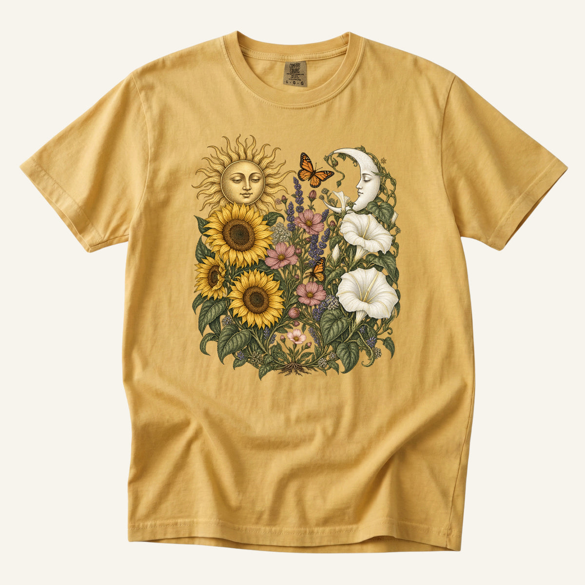 The Garden That Made Room T-Shirt in Mustard — sun and moon botanical watercolor, centered front print