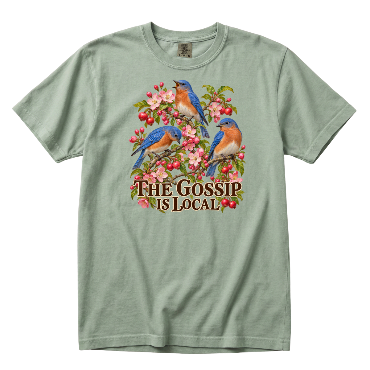The Gossip Is Local bluebird tee in Bay, bluebirds with blossoms and berries on sage green