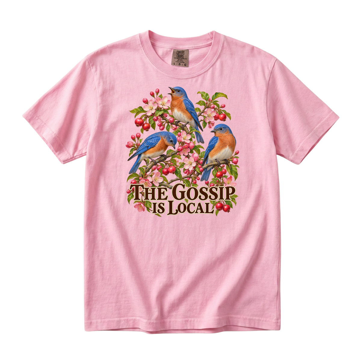 The Gossip Is Local bluebird tee in Blossom, three bluebirds among pink blossoms and red fruit