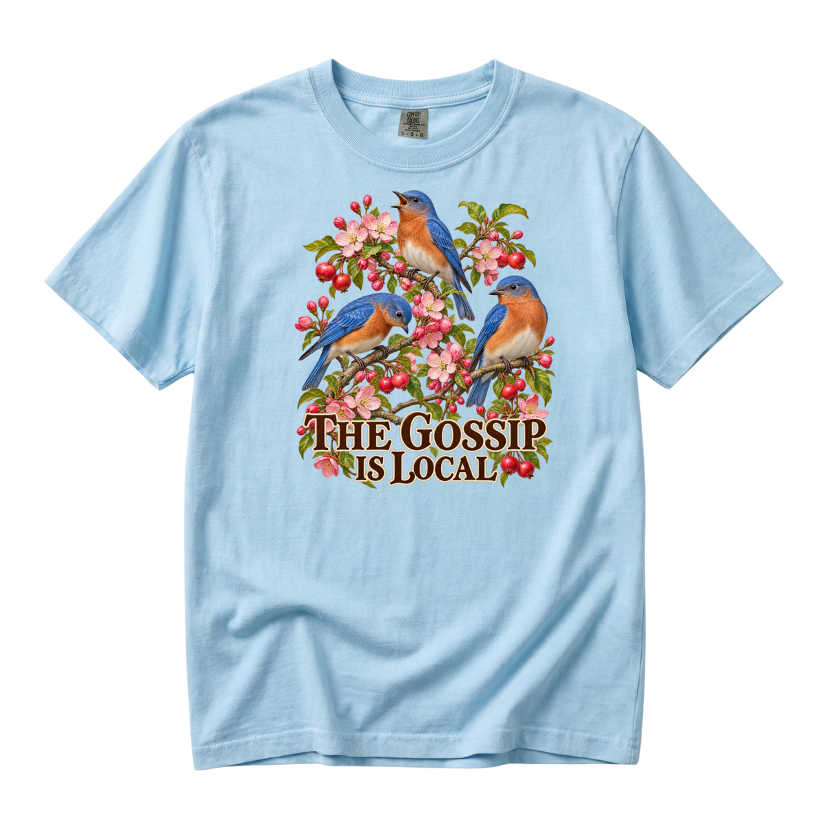 The Gossip Is Local bluebird tee in Chambray, three bluebirds among pink flowers