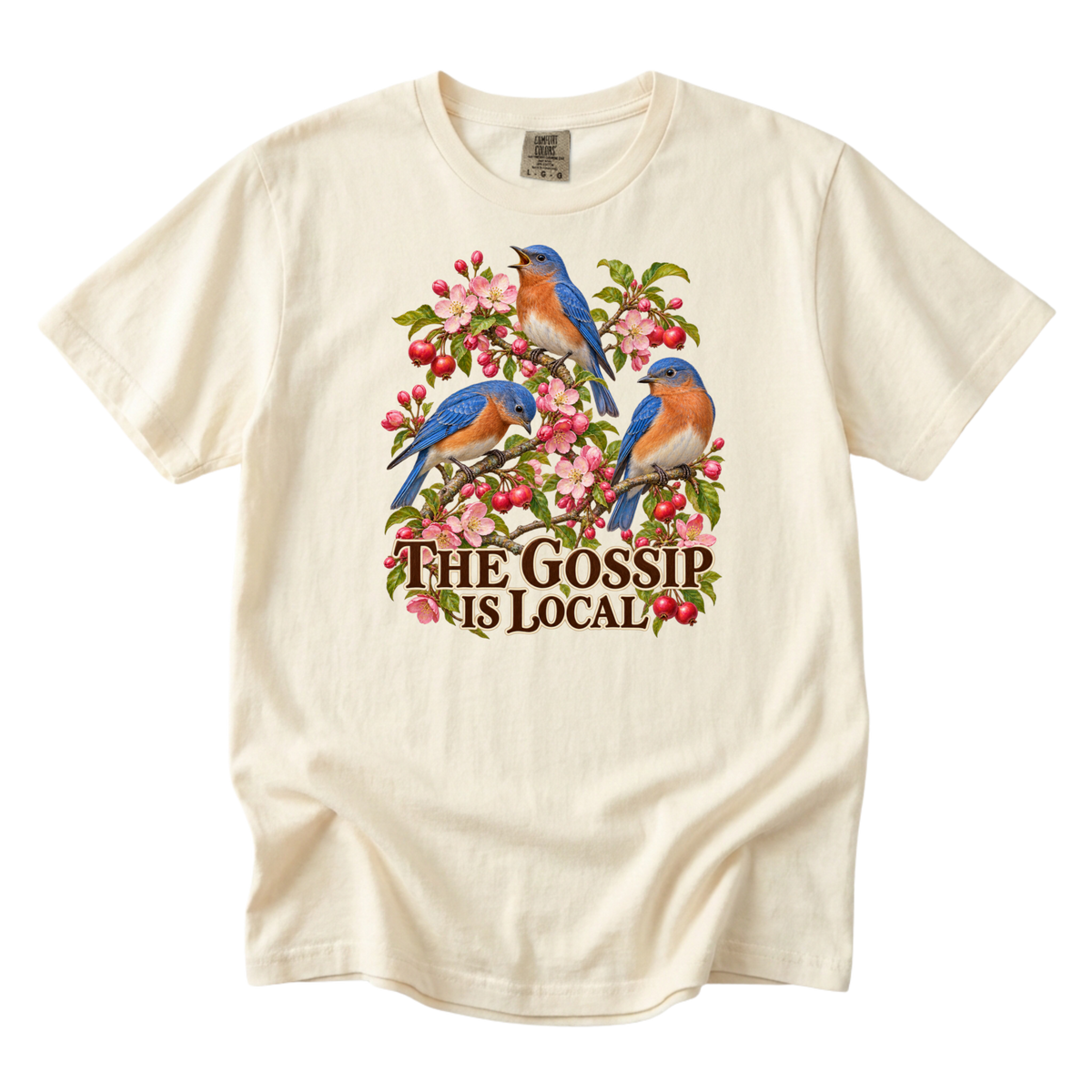 The Gossip Is Local bluebird tee in Ivory, three bluebirds in a flowering branch