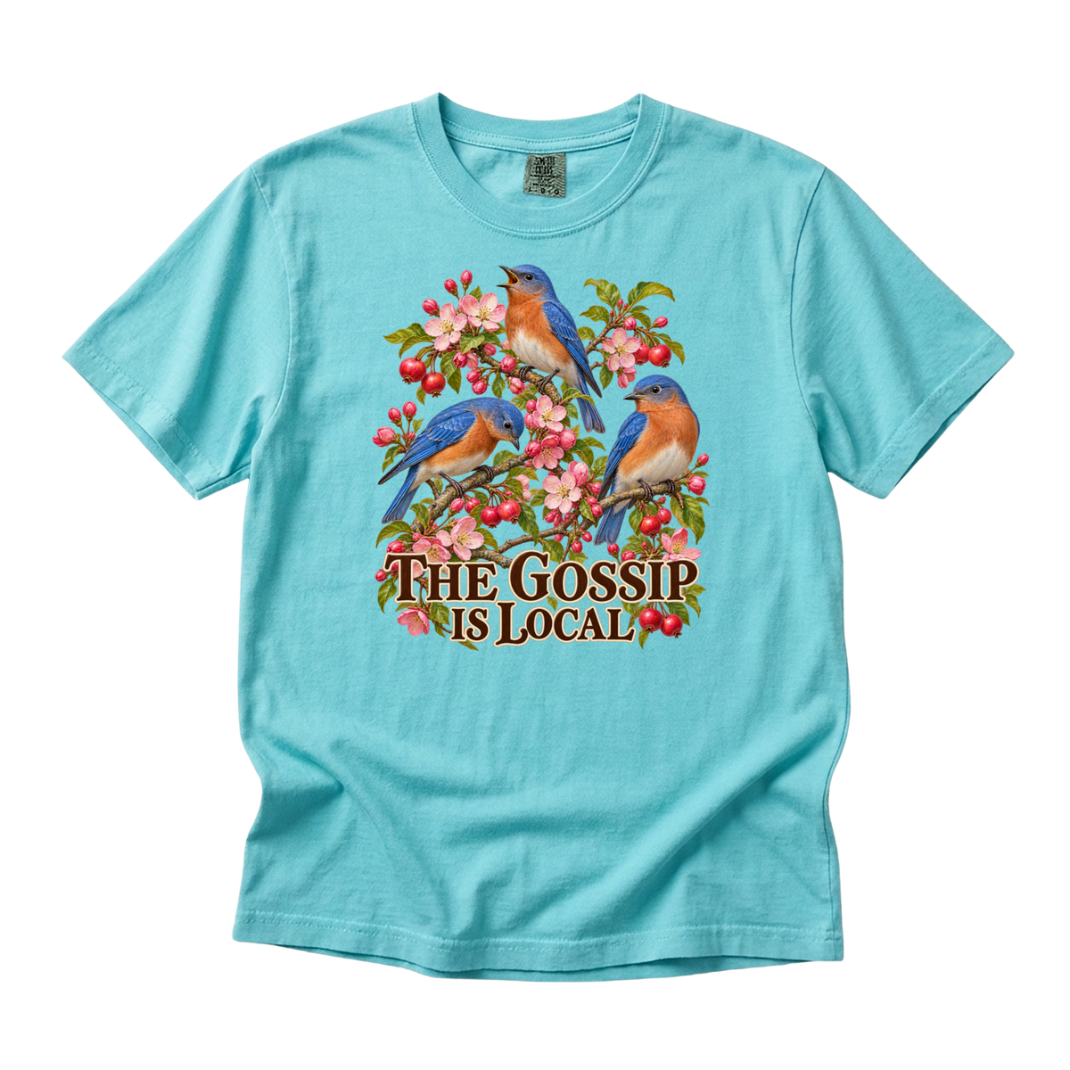 The Gossip Is Local bluebird tee in Lagoon Blue, a funny botanical bluebird print