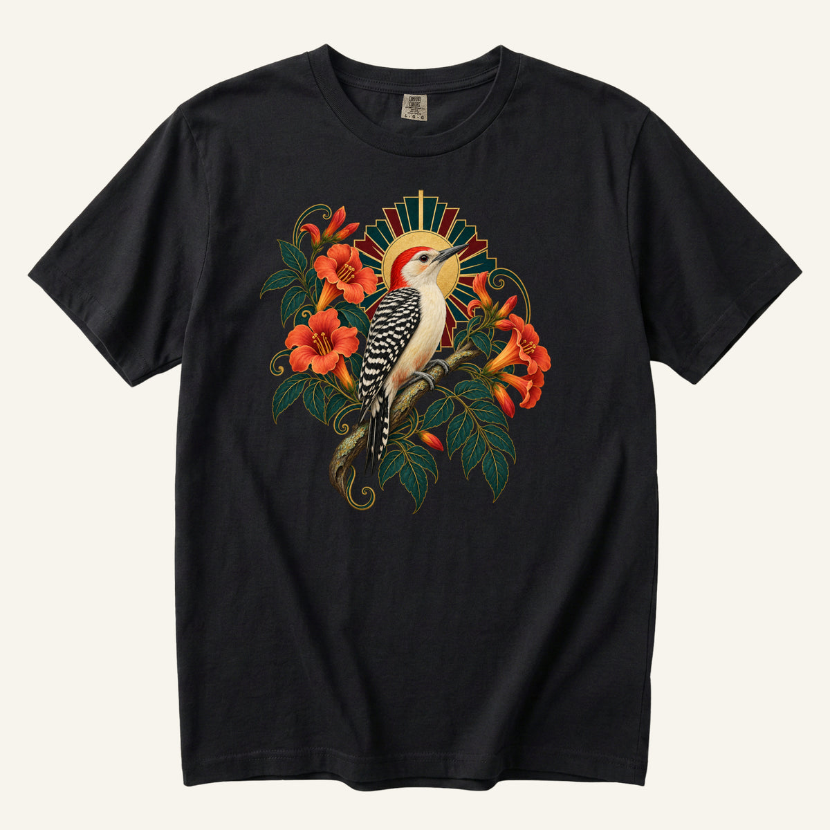 The Morning Drummer T-Shirt in Black — the woodpecker and orange blooms at full contrast