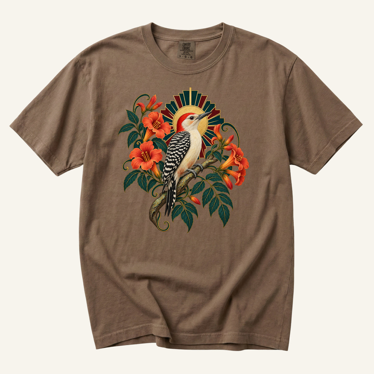 The Morning Drummer T-Shirt in Espresso — a birdwatcher gift on garment-dyed cotton, sizes S to 4XL