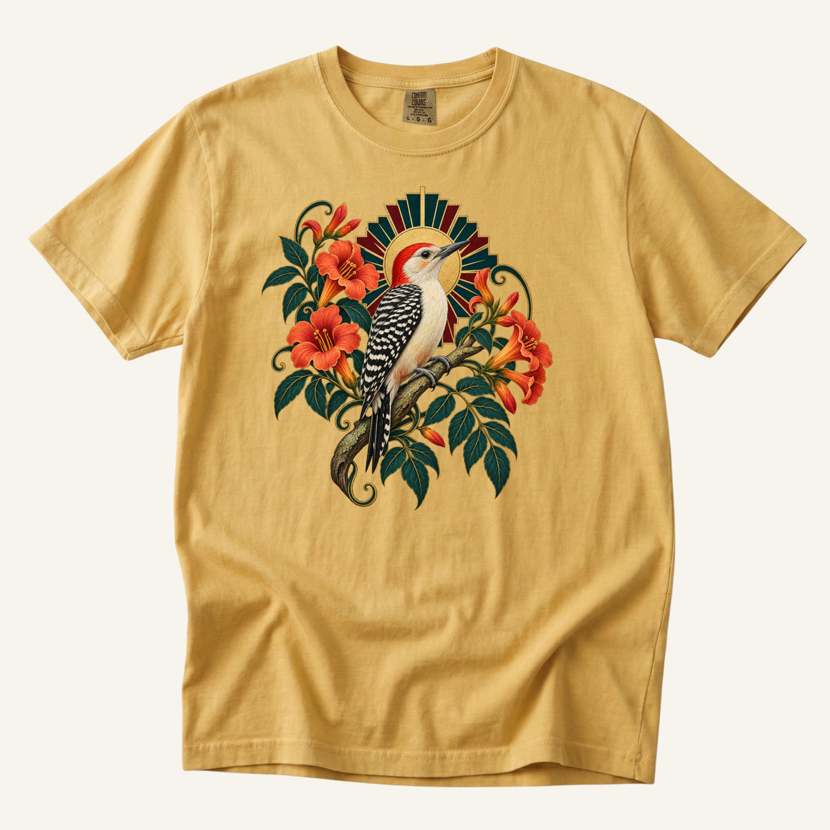 The Morning Drummer T-Shirt in Mustard — a warmer vintage ground for the bird and sunburst