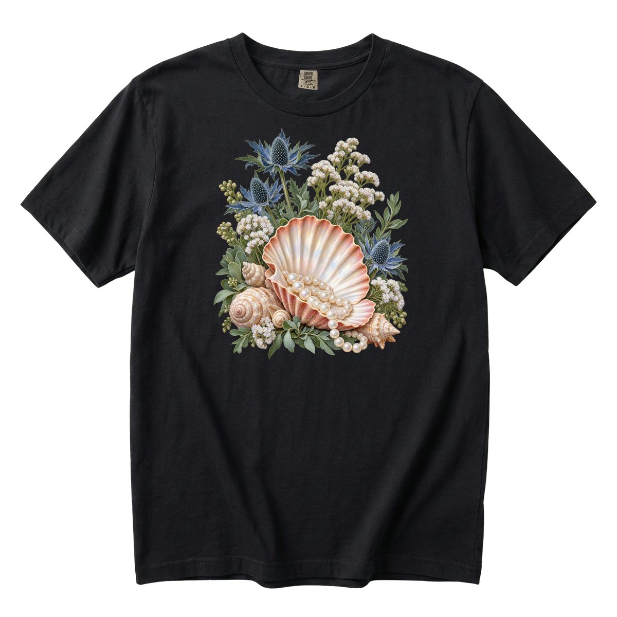 The Sea Came Home premium tee in Black, a scallop shell with pearls, sea holly and white blossoms