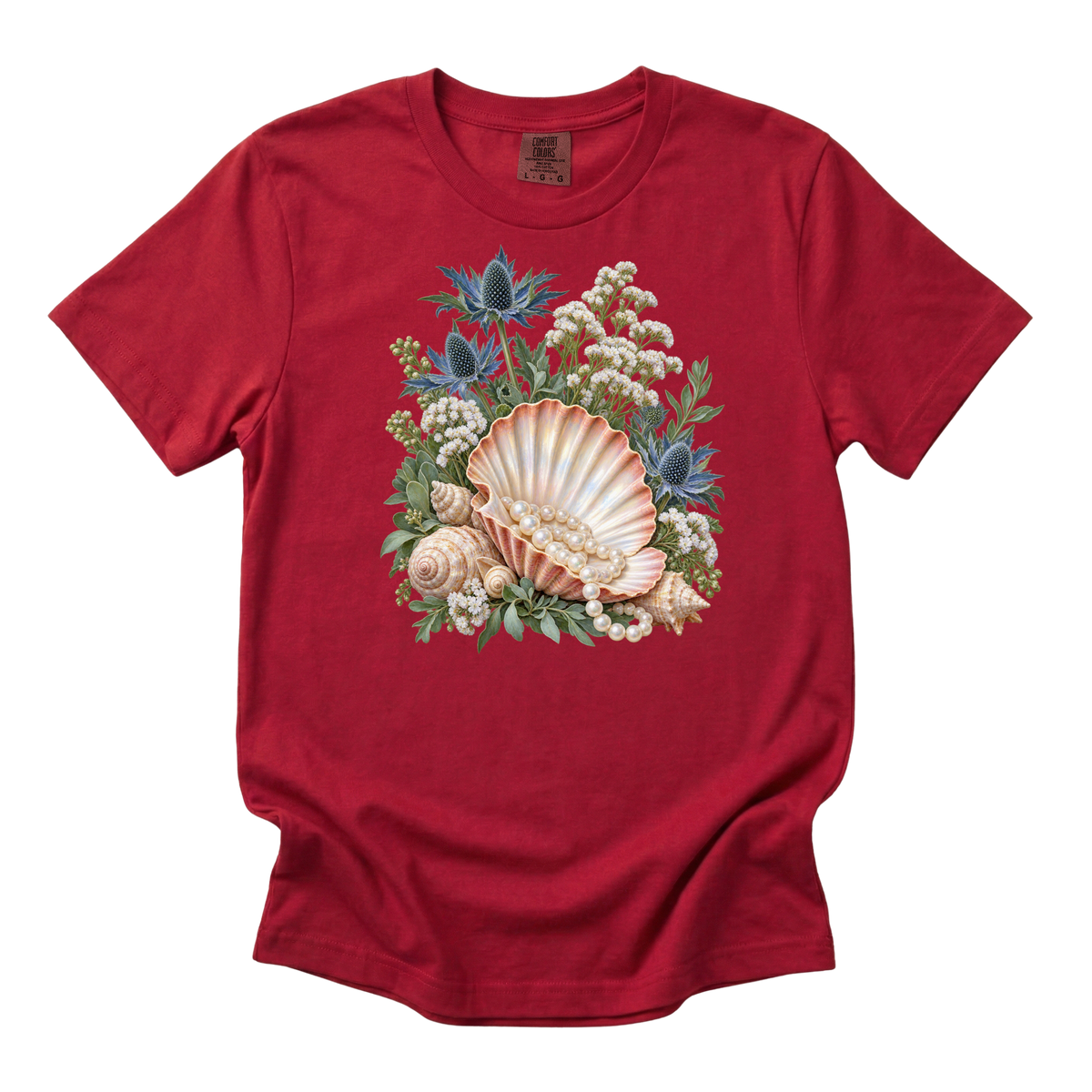 The Sea Came Home premium seashell tee in Red, a shell with pearls and white flowers