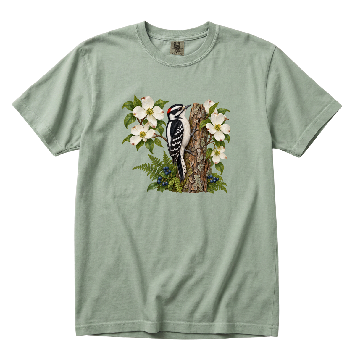 The Woods Have Rhythm woodpecker tee in Bay, a woodland woodpecker print on soft sage green