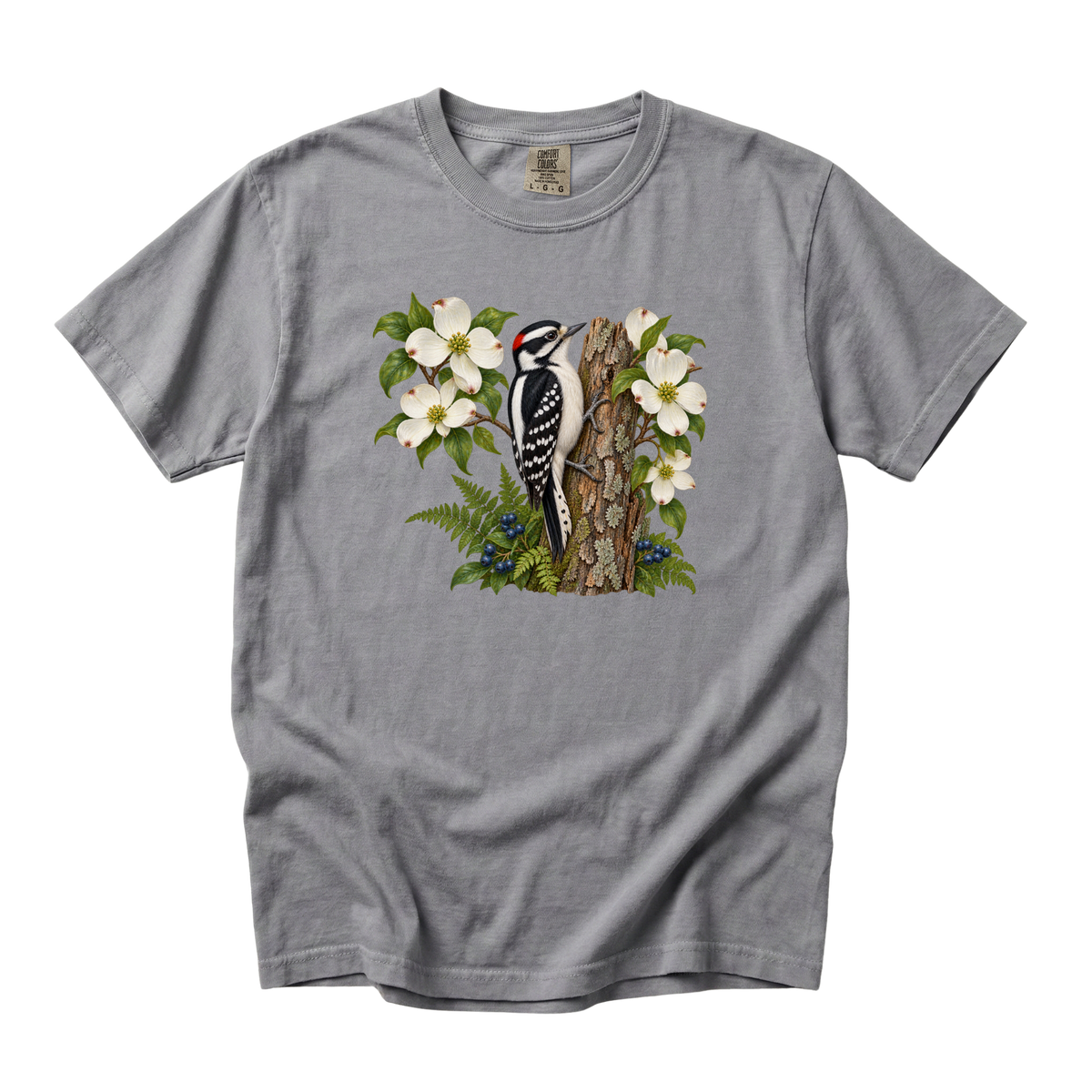 The Woods Have Rhythm woodpecker tee in Grey, a vintage botanical woodpecker and dogwood print