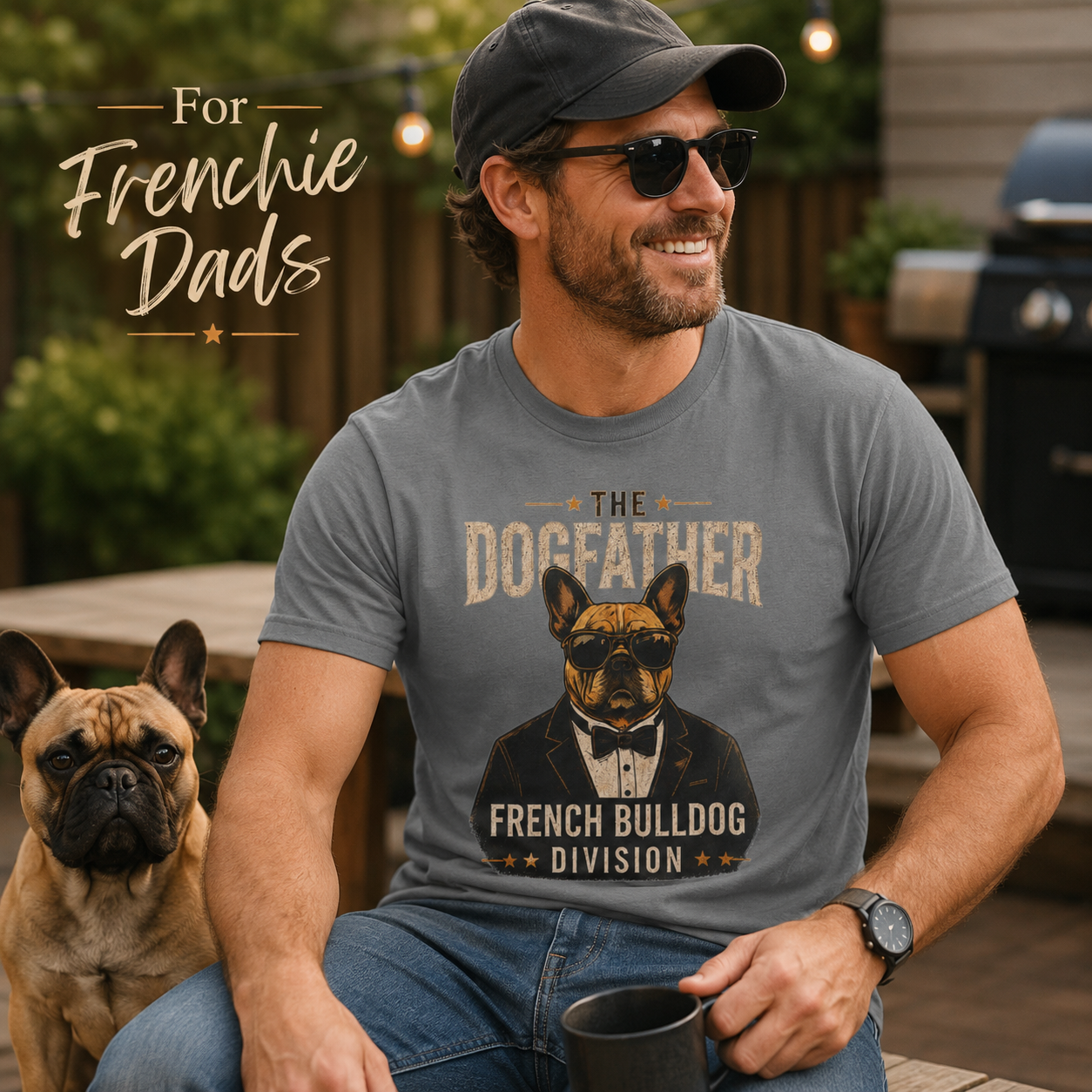 The Dogfather Frenchie tuxedo shirt branded slide