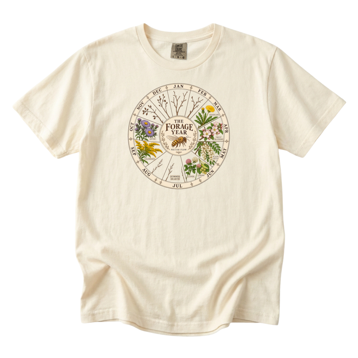 The Forage Year beekeeping tee in Ivory, a twelve-month nectar flow wheel with a honeybee at the center