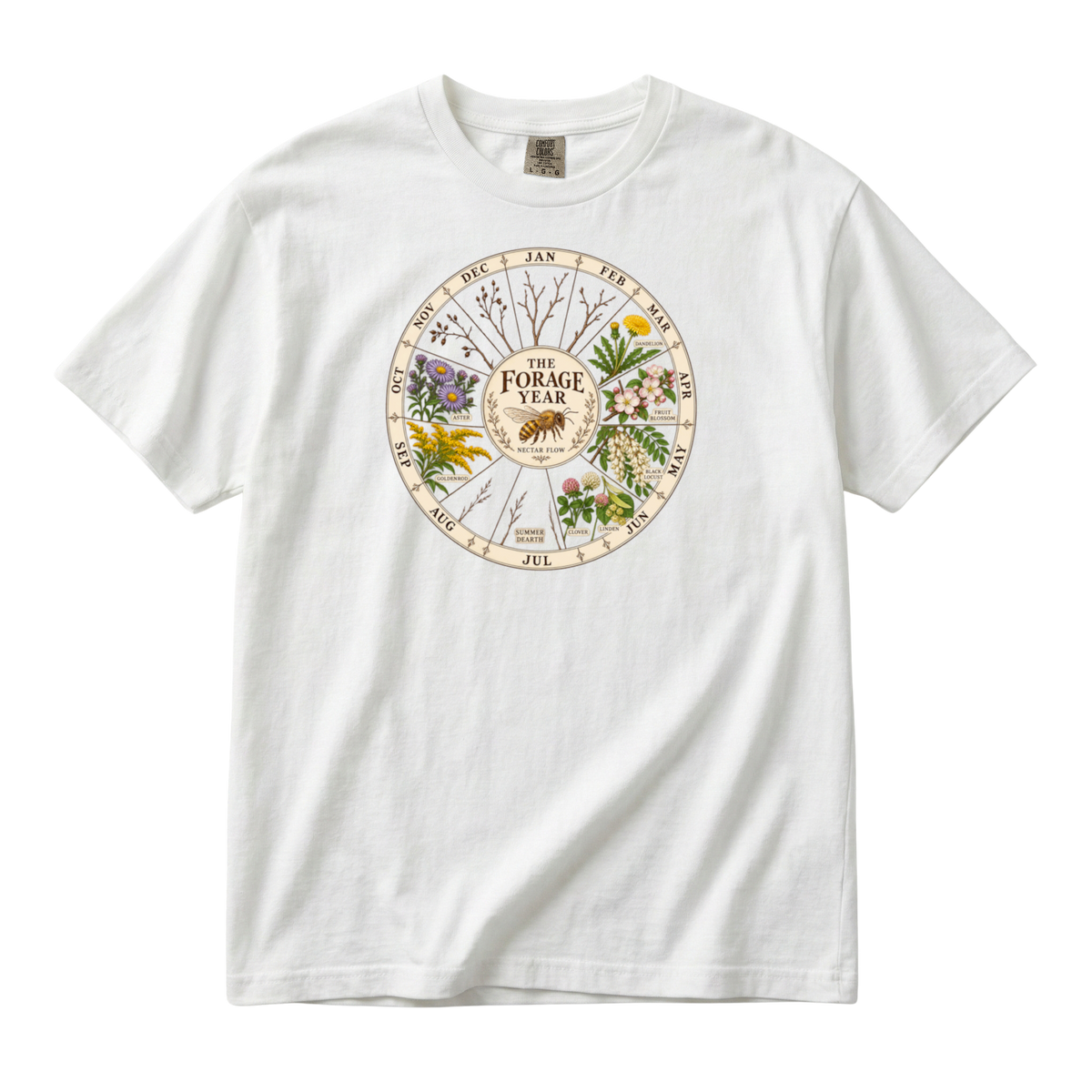 The Forage Year beekeeping tee in White, a botanical forage calendar with dandelion, clover, linden and aster
