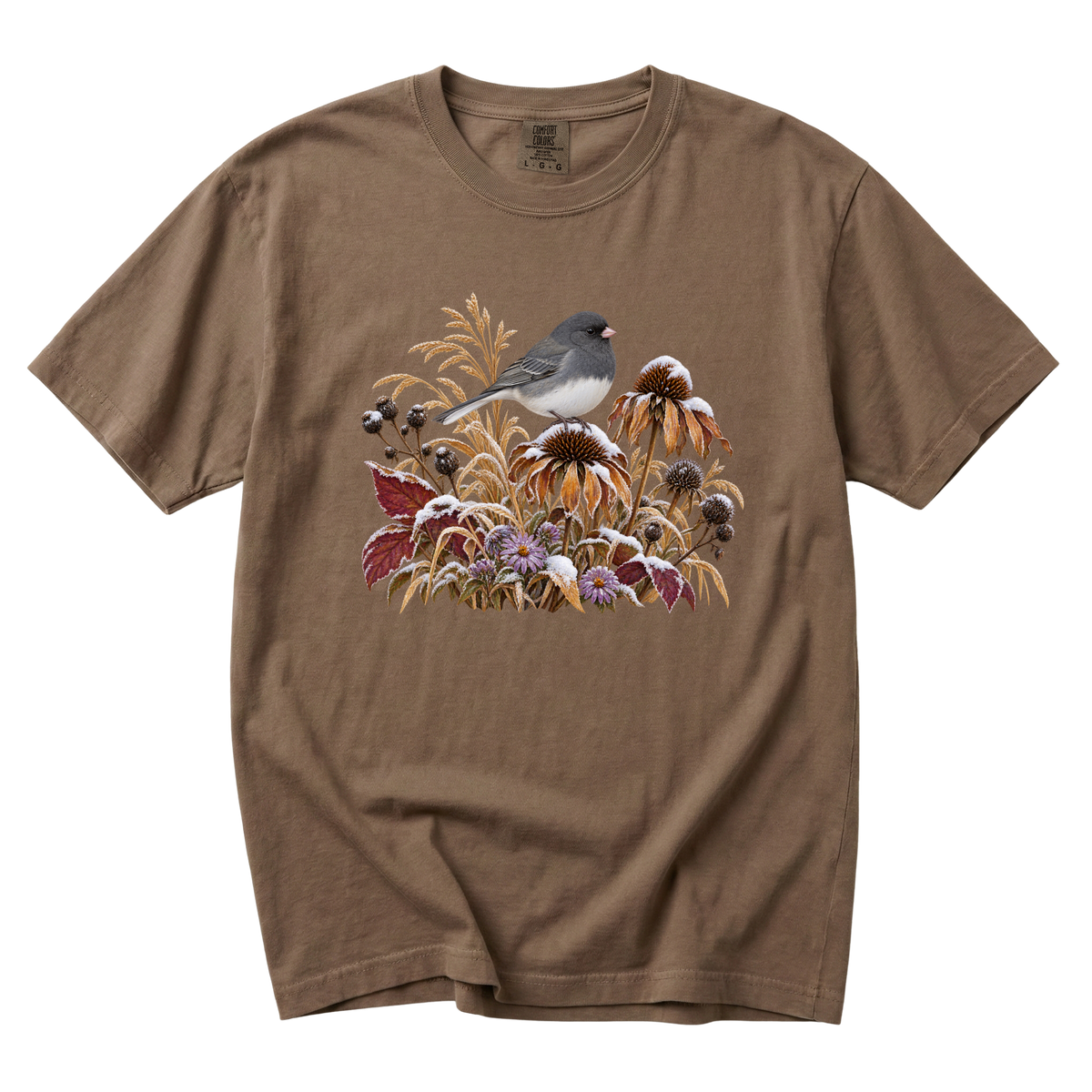 The Garden Is Still Open tee in Espresso, a gray bird with berries and seed heads on dark brown