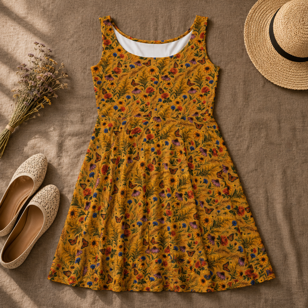 Golden Meadow Watercolor Wildflower Dress