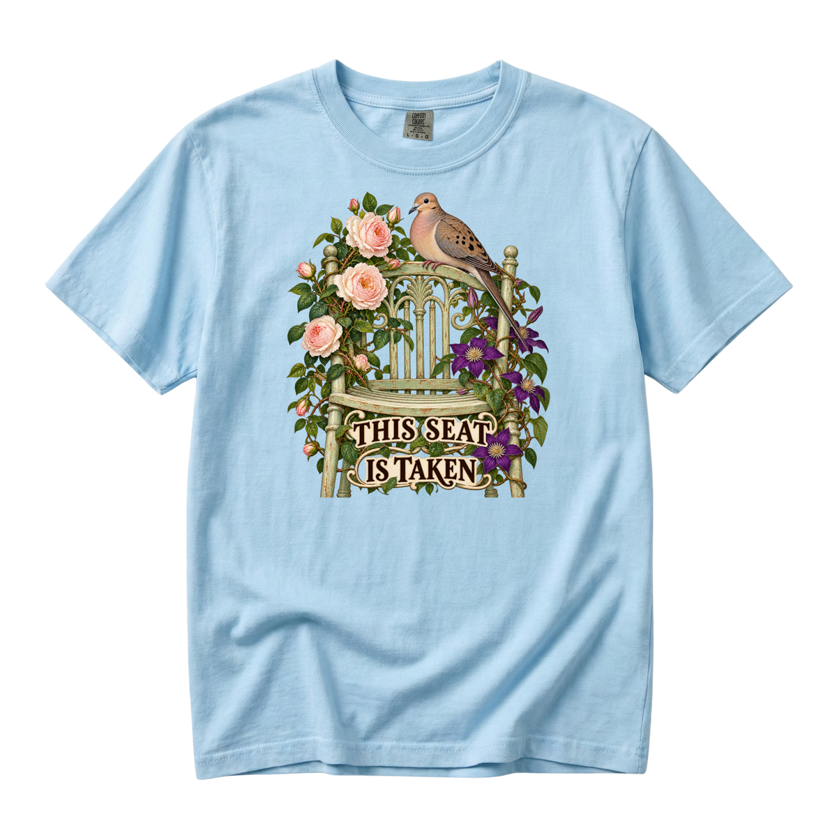 This Seat Is Taken tee in Chambray, a dove and rose garden chair print on faded blue