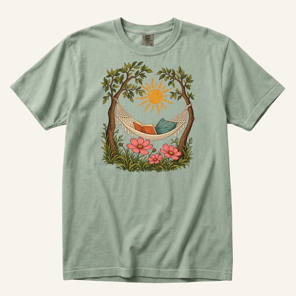 This Counts as Plans T-Shirt in Bay — a woven hammock and open book between two trees beneath a golden sun, sizes S to 4XL