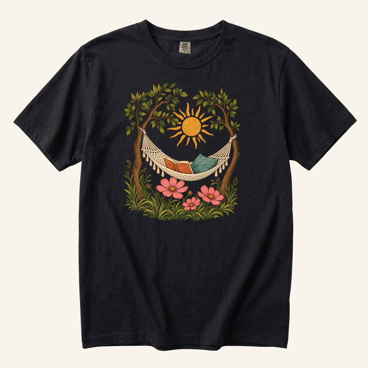 This Counts as Plans T-Shirt in Black — the golden sun, pale hammock and coral flowers at strong contrast