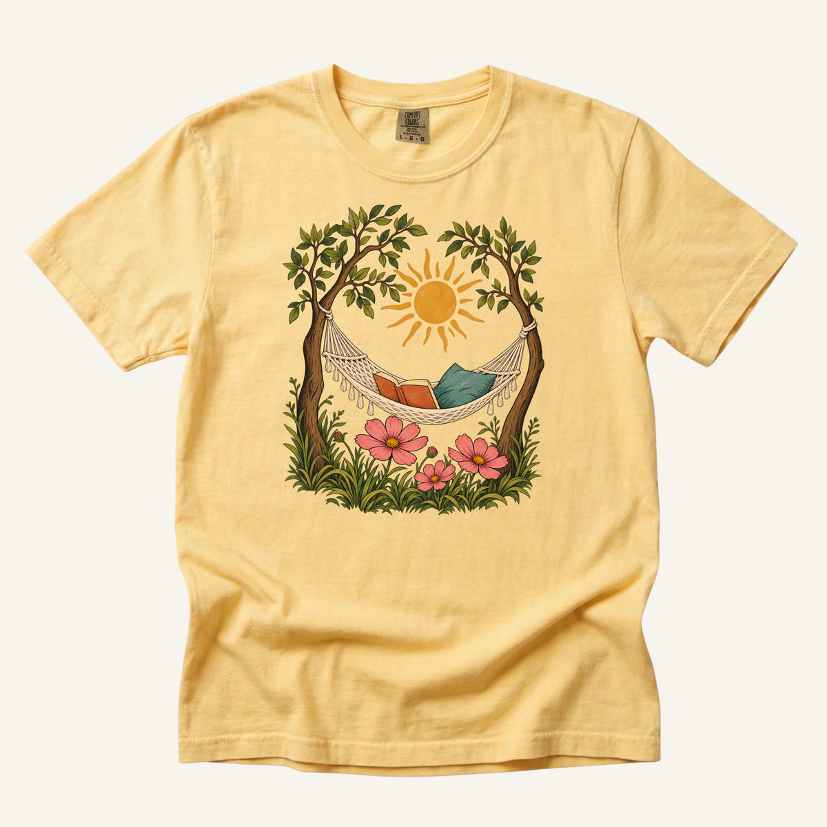 This Counts as Plans T-Shirt in Butter — a warm sunny pairing for the hammock and coral flowers