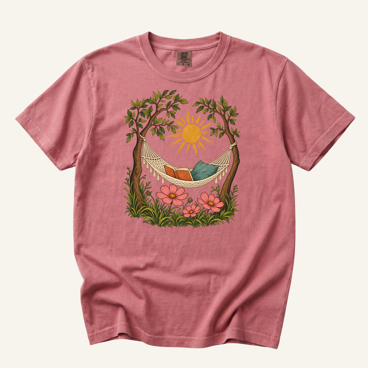 This Counts as Plans T-Shirt in Crimson — a richer warm setting that lifts the pale hammock