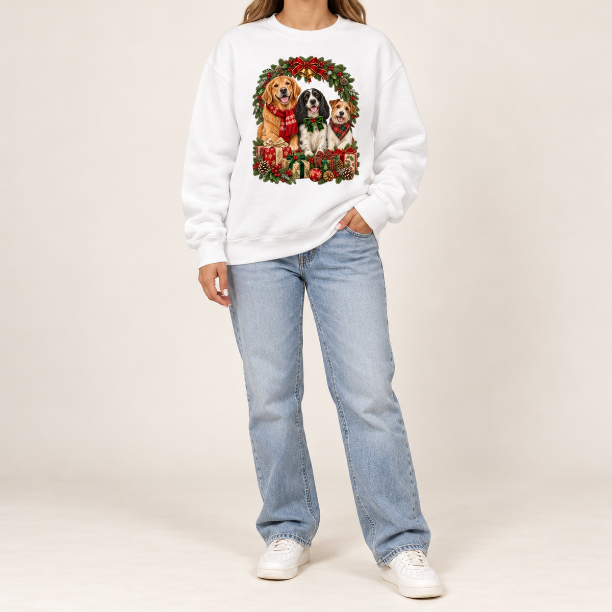 The three-dog Christmas wreath print shown large and centered on the chest of a garment-dyed Comfort Colors crewneck sweatshirt, not a back print