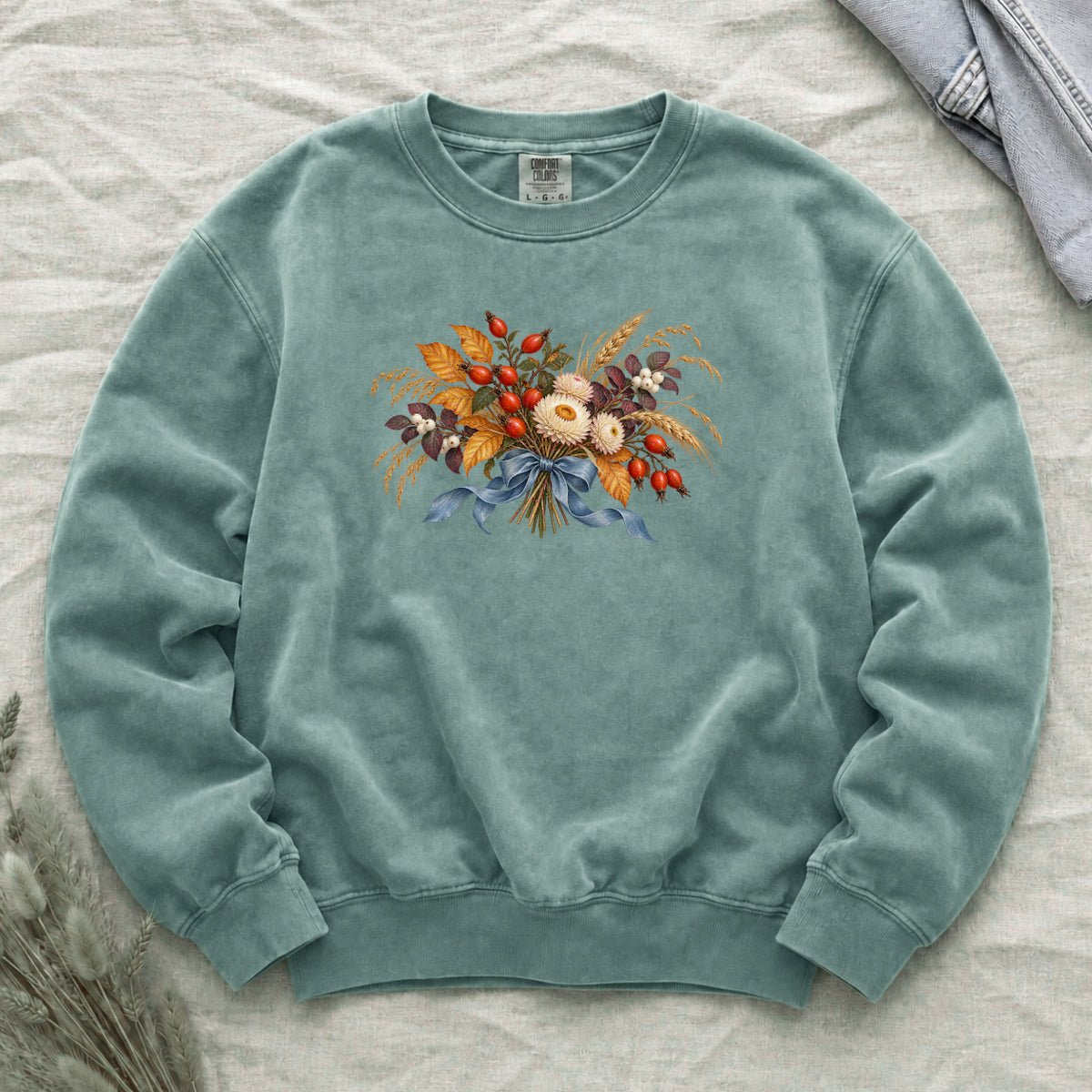 Tied to September sweatshirt in Light Green, rose hips, white berries and turning leaves on soft green