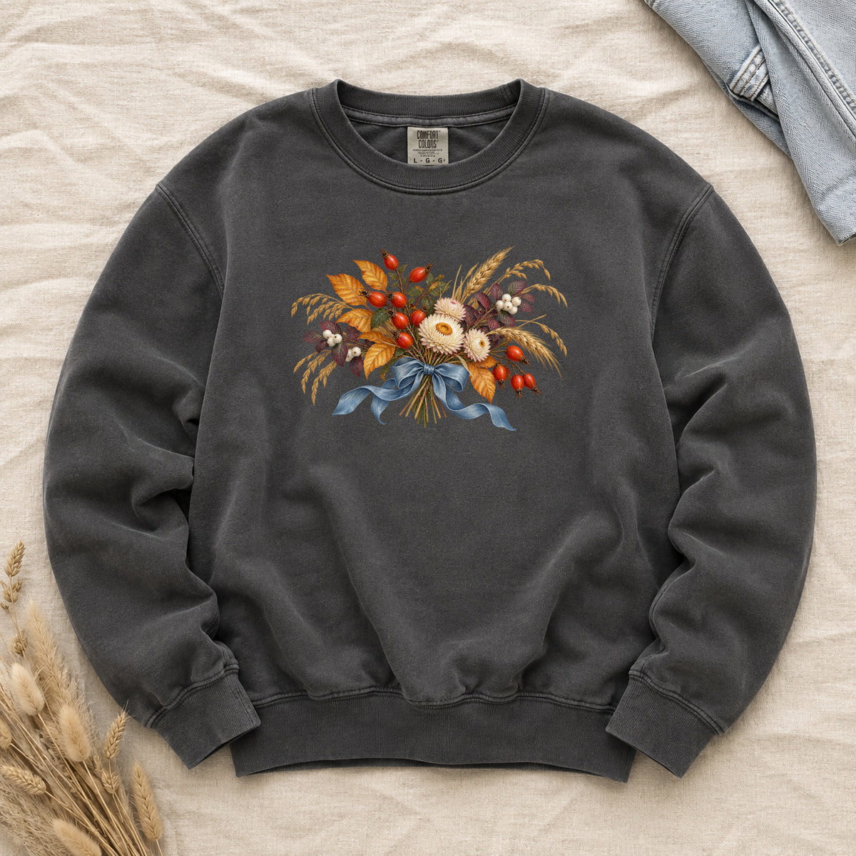 Tied to September sweatshirt in Pepper, an autumn floral bouquet on washed charcoal