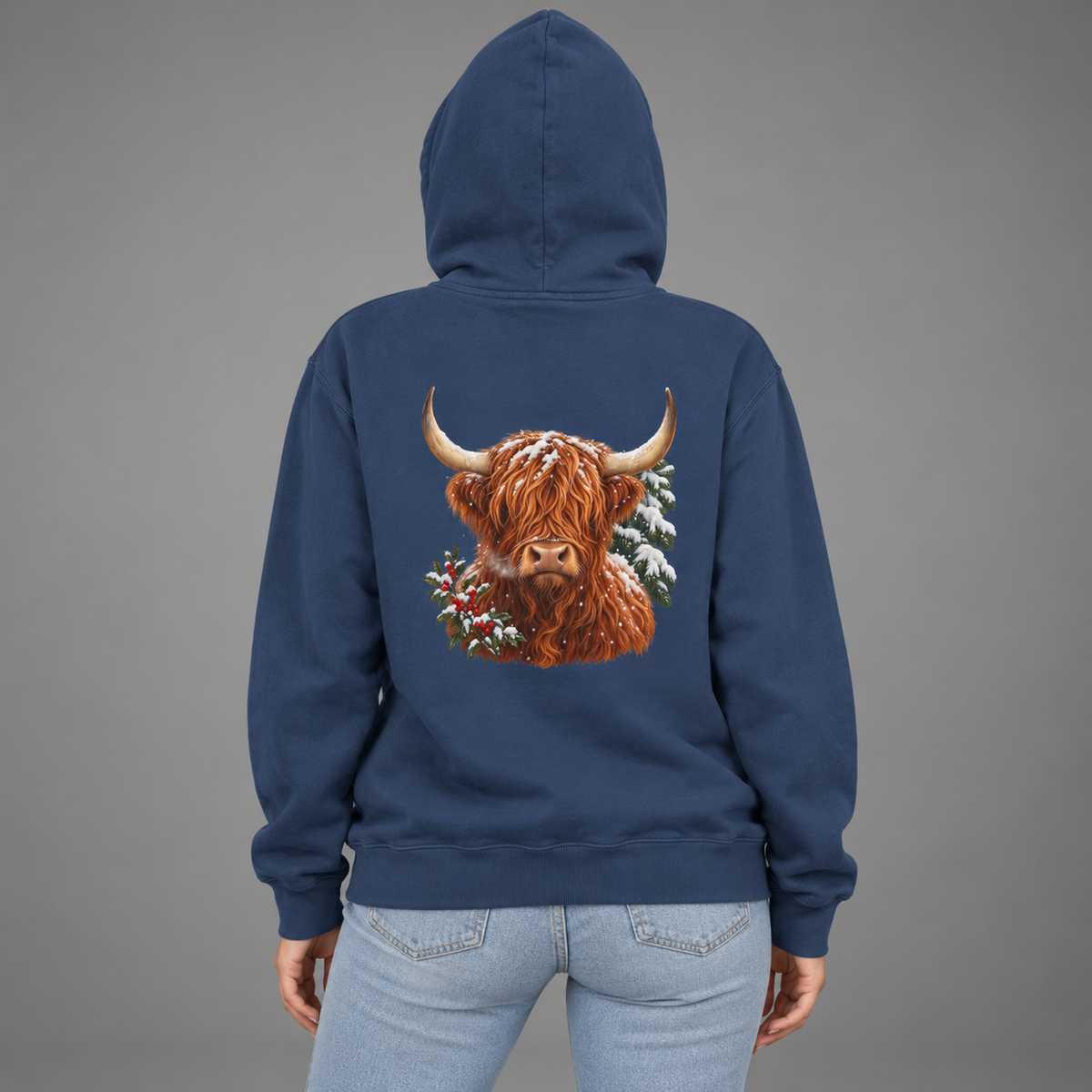 Winter Highland Cow hoodie in True Navy worn, back view with the highland cow portrait
