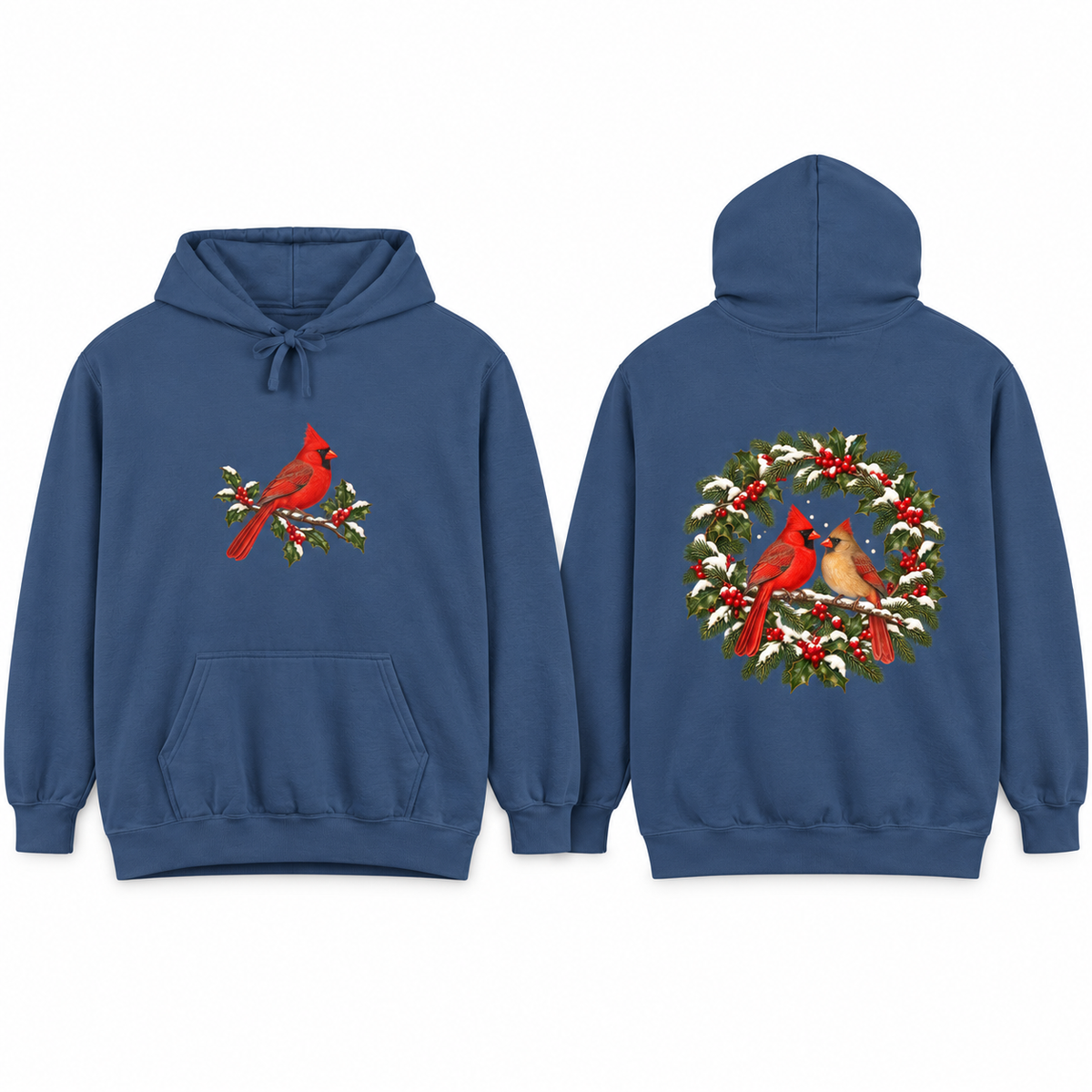 Winter Cardinal hoodie in True Navy, front and back prints side by side