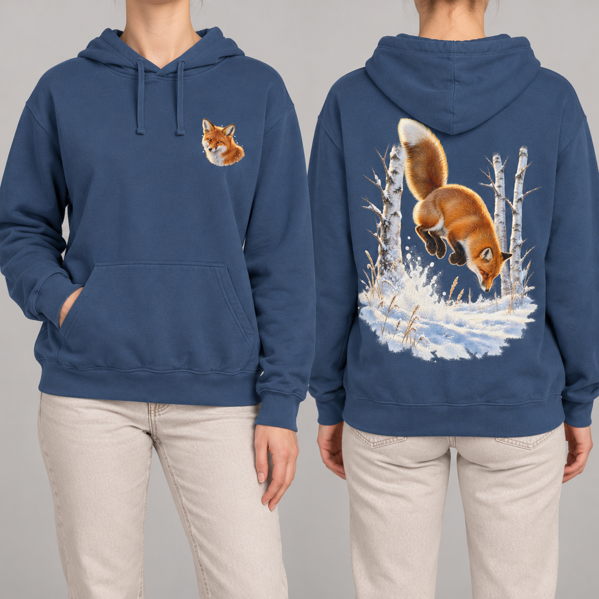 Red Fox Pounce hoodie in True Navy, front fox crest and back pounce print
