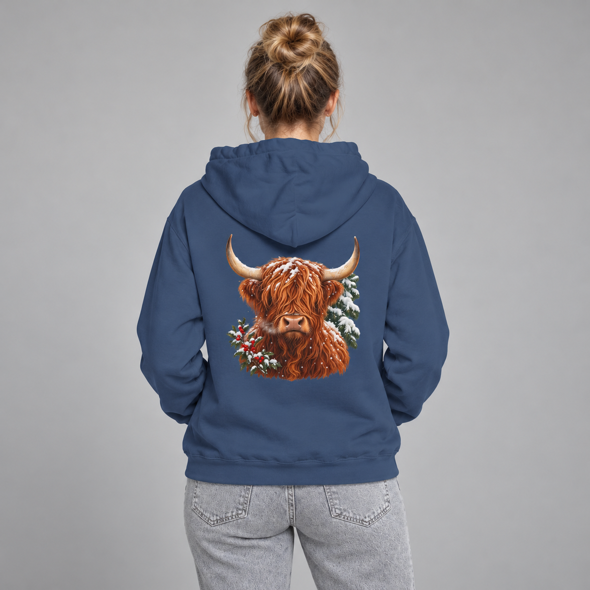 Winter Highland Cow hoodie in True Navy, close view of the back print