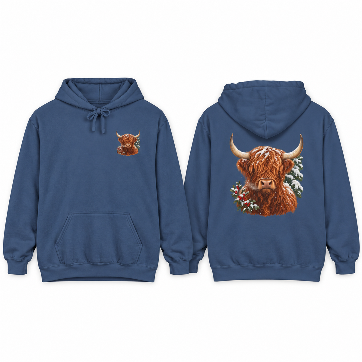 Winter Highland Cow hoodie in True Navy, front crest and back portrait shown side by side