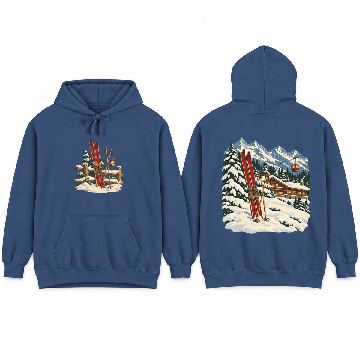 Vintage Ski Lodge hoodie in True Navy, front and back prints side by side