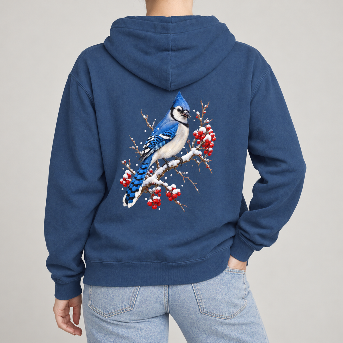 Blue Jay Winterberry hoodie in True Navy, worn, back view of the blue jay and winterberry print