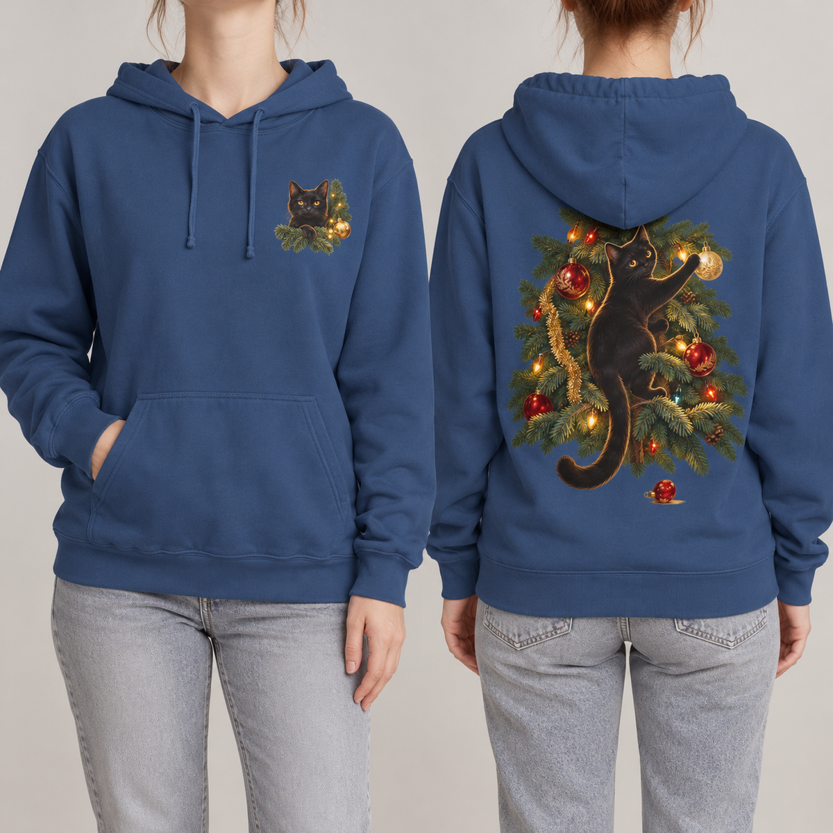Black Cat Christmas hoodie in True Navy, front crest and back scene shown side by side