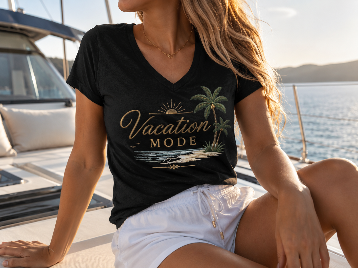 Vacation Mode — Front & Back V-Neck Tee