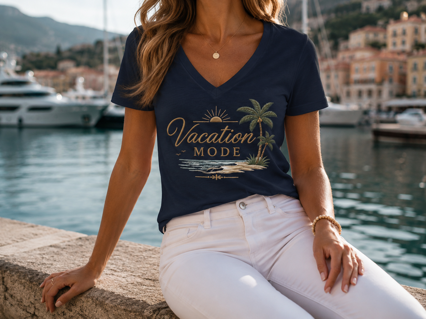 Vacation Mode — Front & Back V-Neck Tee