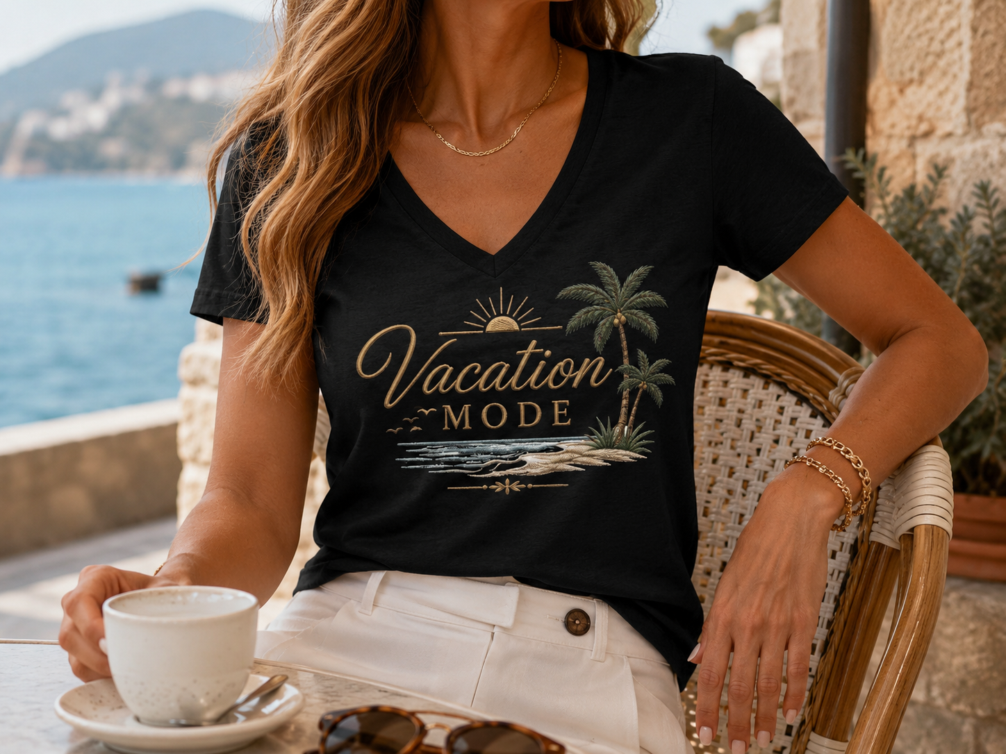 Vacation Mode — Front & Back V-Neck Tee