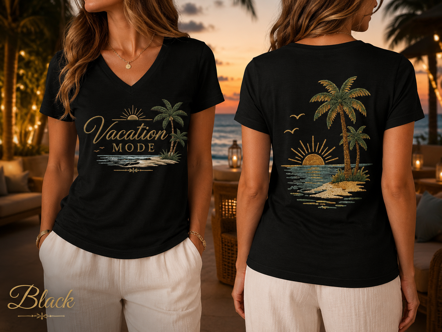 Vacation Mode — Front & Back V-Neck Tee