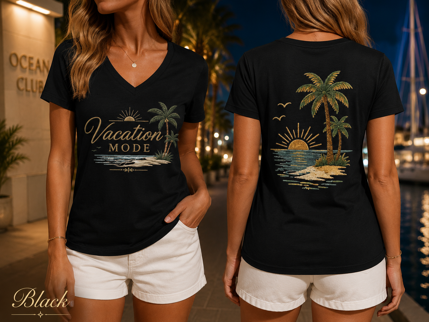 Vacation Mode — Front & Back V-Neck Tee